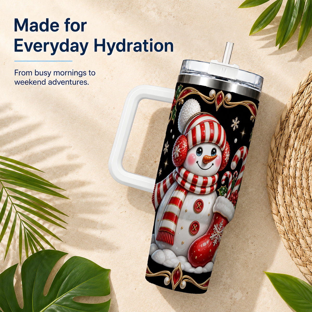 #pl[40oz|White] Snowman Candy Cane 40oz Tumbler, Christmas Stainless Steel Travel Cup