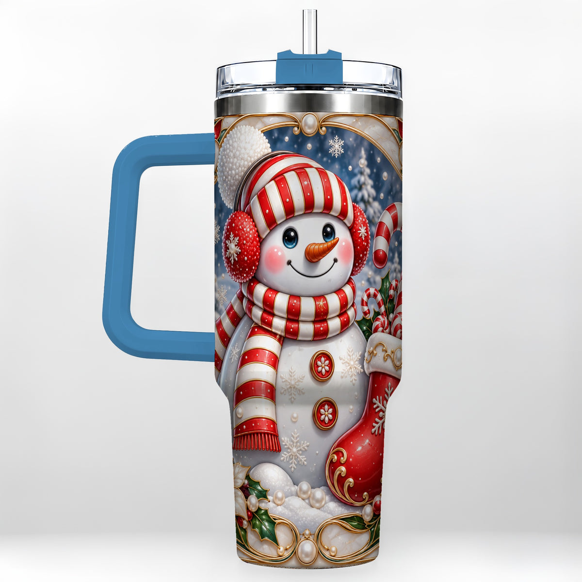 #pl[40oz|Blue] Snowman Stocking 40oz Tumbler, Christmas Stainless Steel Travel Cup