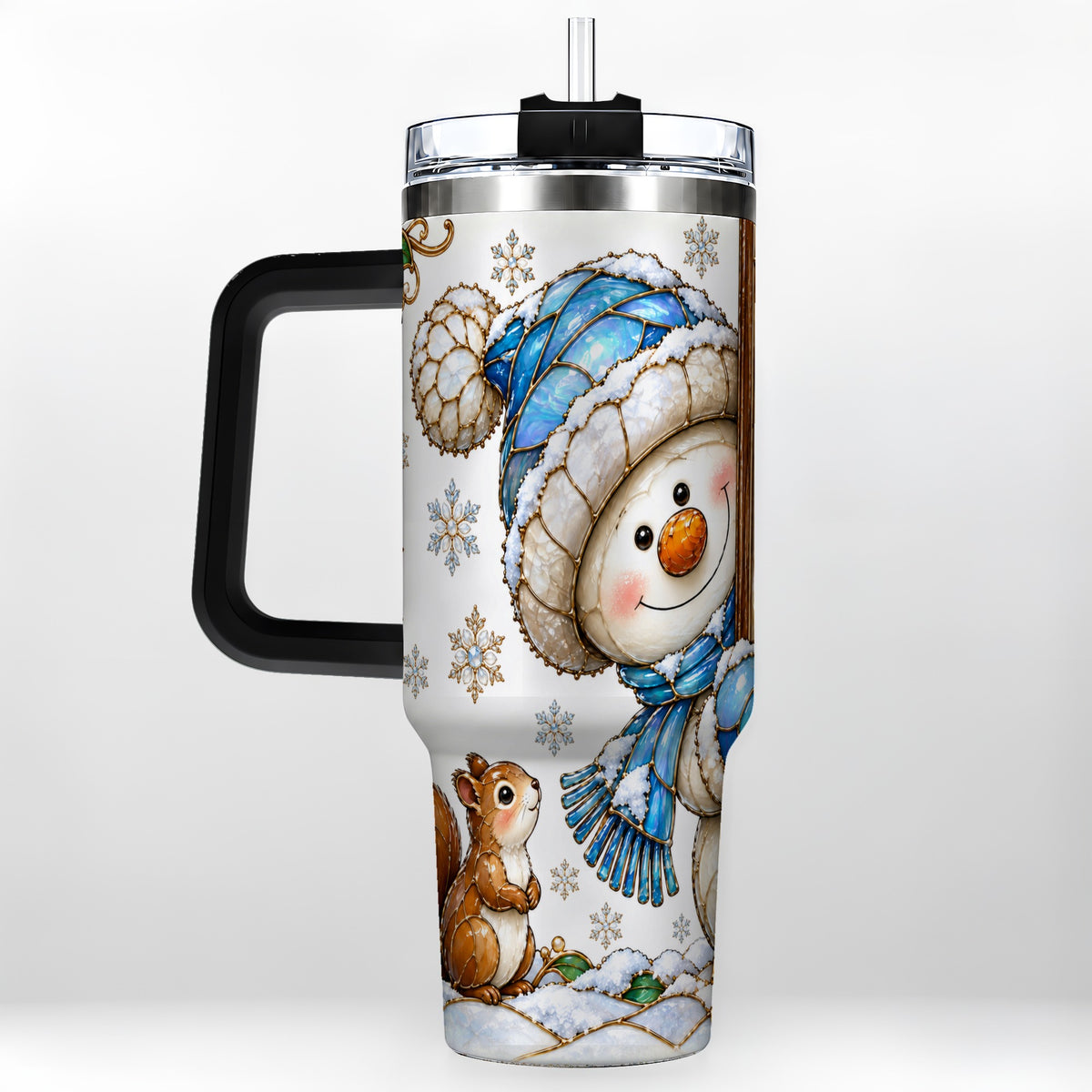 #pl[40oz|Black] Snowman Squirrel 40oz Tumbler, Winter Woodland Stainless Steel Travel Cup