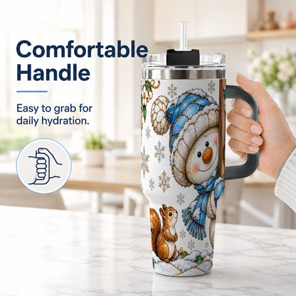 #pl[40oz|Black] Snowman Squirrel 40oz Tumbler, Winter Woodland Stainless Steel Travel Cup