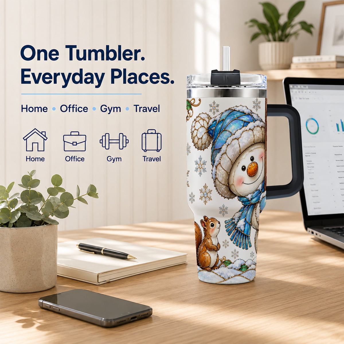 #pl[40oz|Black] Snowman Squirrel 40oz Tumbler, Winter Woodland Stainless Steel Travel Cup