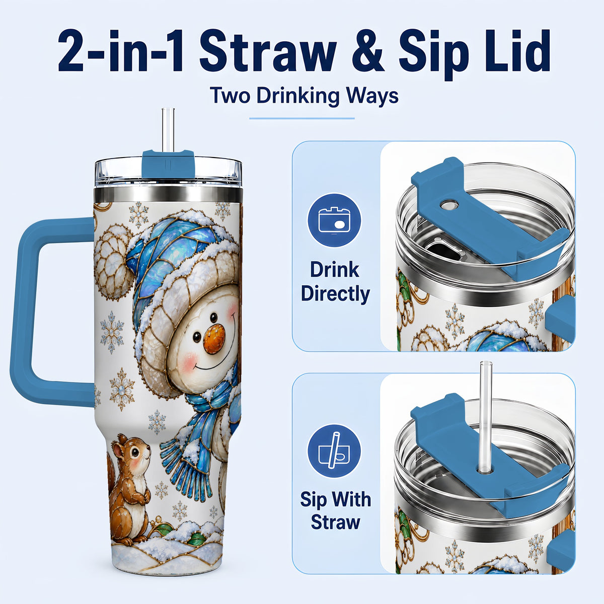 #pl[40oz|Blue] Snowman Squirrel 40oz Tumbler, Winter Woodland Stainless Steel Travel Cup