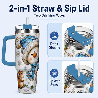 #pl[40oz|Blue] Snowman Squirrel 40oz Tumbler, Winter Woodland Stainless Steel Travel Cup