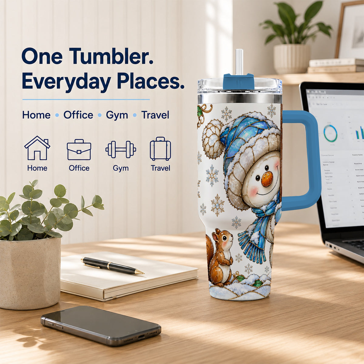 #pl[40oz|Blue] Snowman Squirrel 40oz Tumbler, Winter Woodland Stainless Steel Travel Cup