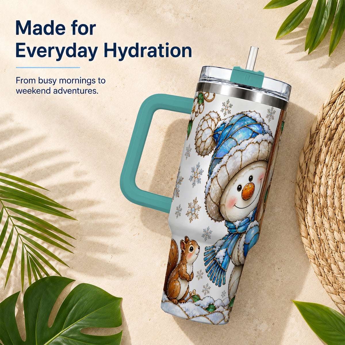 #pl[40oz|Green] Snowman Squirrel 40oz Tumbler, Winter Woodland Stainless Steel Travel Cup