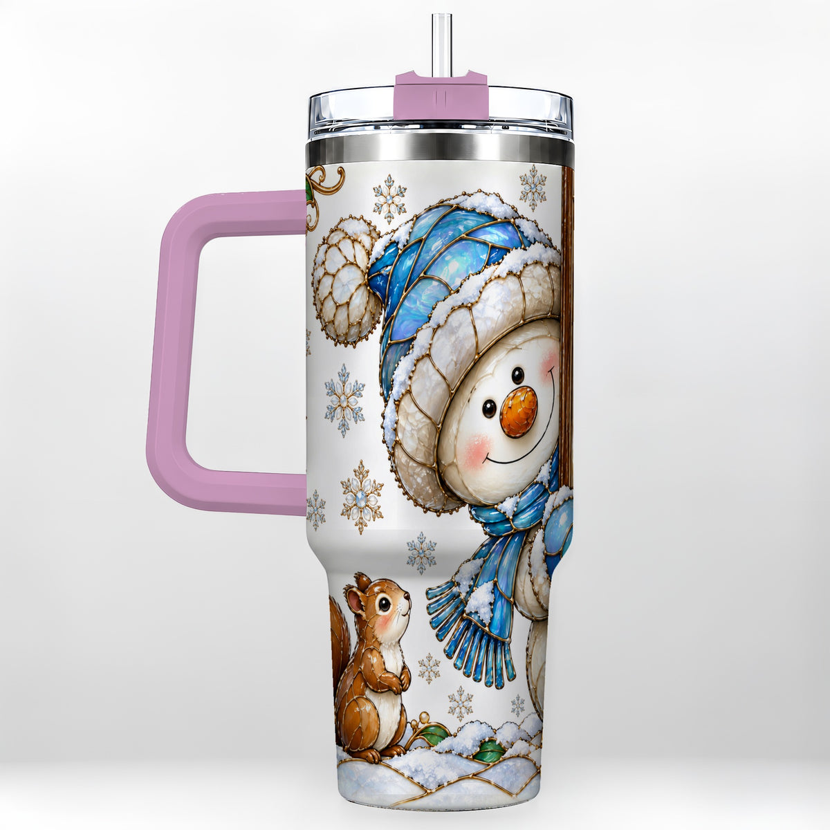 #pl[40oz|Pink] Snowman Squirrel 40oz Tumbler, Winter Woodland Stainless Steel Travel Cup