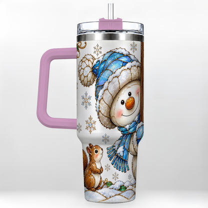 #pl[40oz|Pink] Snowman Squirrel 40oz Tumbler, Winter Woodland Stainless Steel Travel Cup