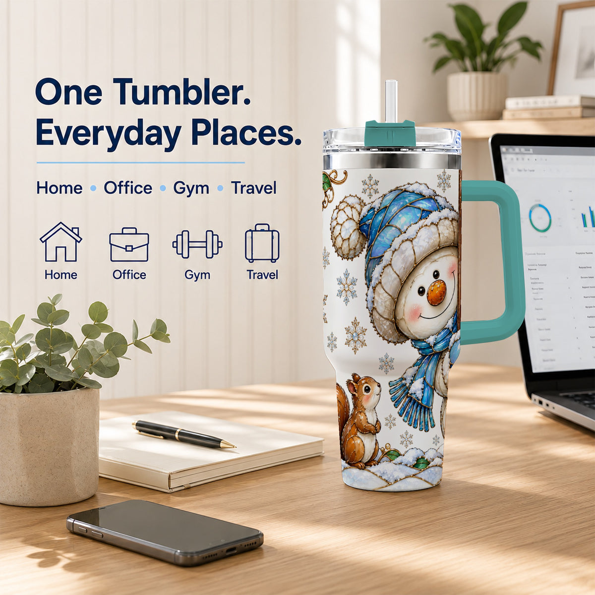 #pl[40oz|Green] Snowman Squirrel 40oz Tumbler, Winter Woodland Stainless Steel Travel Cup