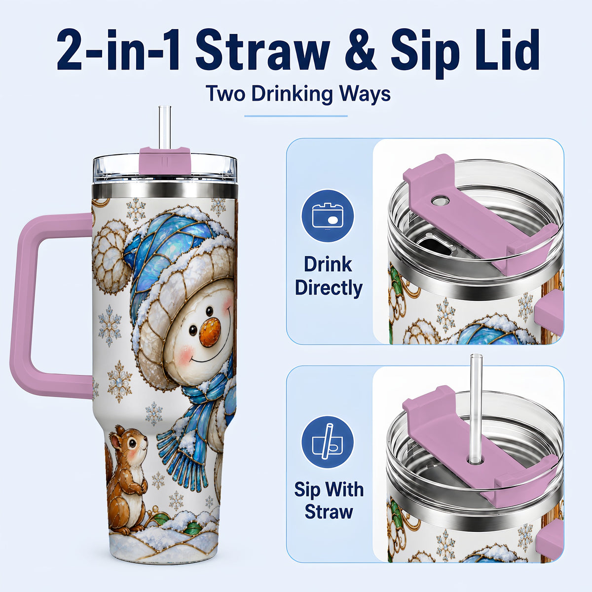 #pl[40oz|Pink] Snowman Squirrel 40oz Tumbler, Winter Woodland Stainless Steel Travel Cup