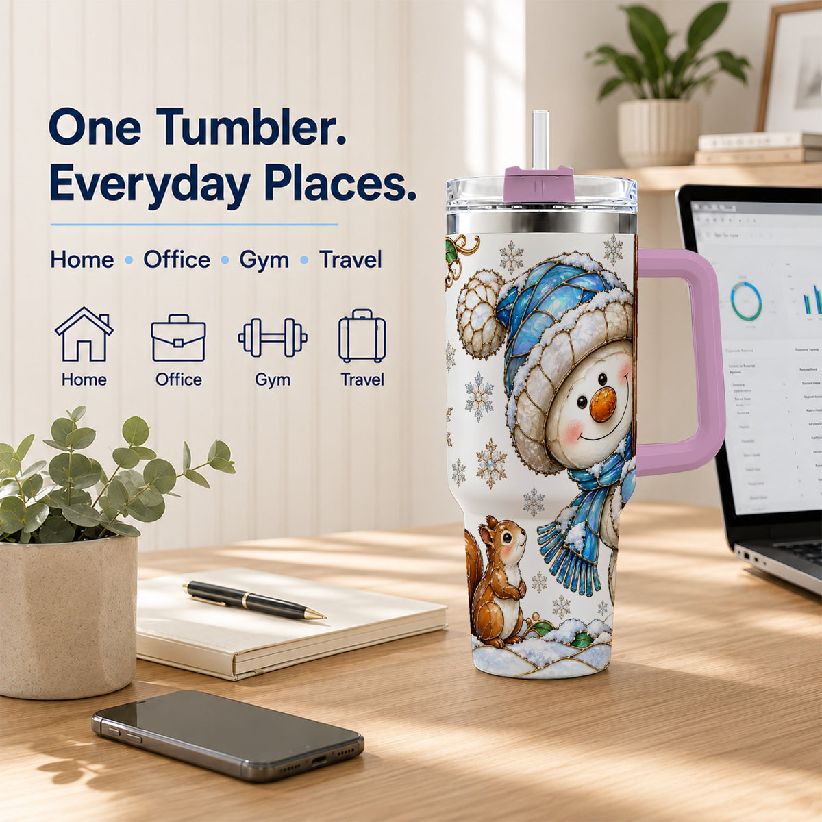 #pl[40oz|Pink] Snowman Squirrel 40oz Tumbler, Winter Woodland Stainless Steel Travel Cup