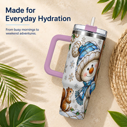 #pl[40oz|Pink] Snowman Squirrel 40oz Tumbler, Winter Woodland Stainless Steel Travel Cup