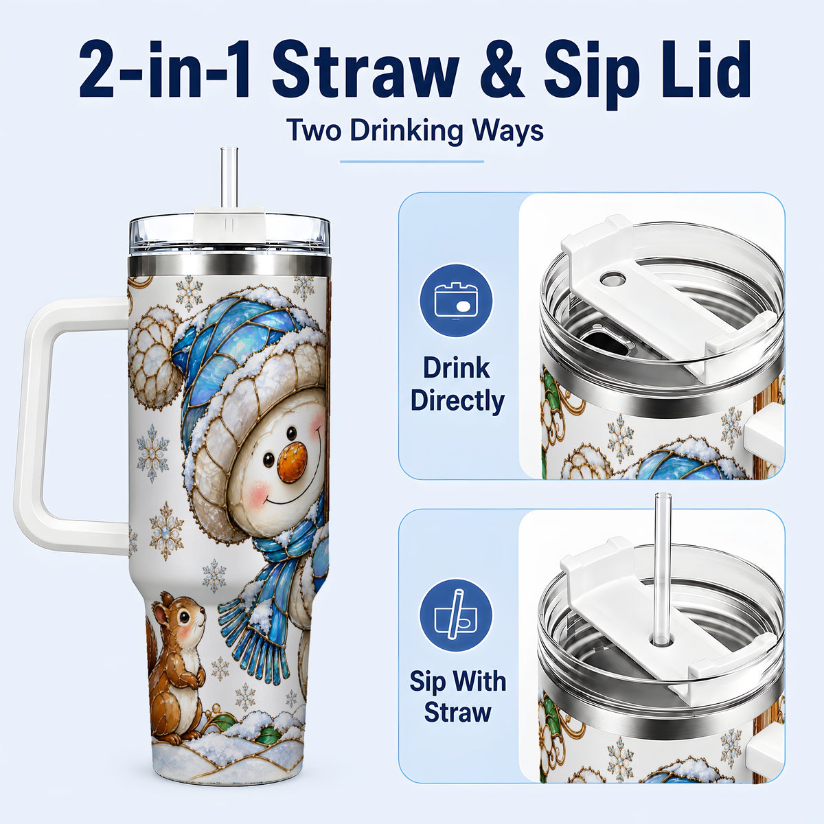 #pl[40oz|White] Snowman Squirrel 40oz Tumbler, Winter Woodland Stainless Steel Travel Cup