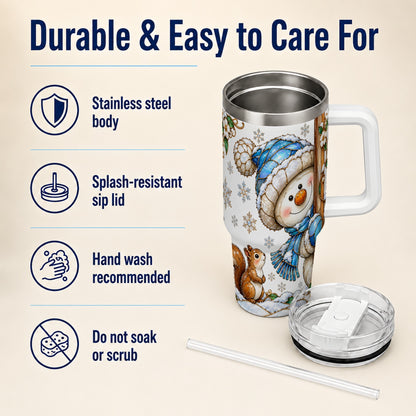 #pl[40oz|White] Snowman Squirrel 40oz Tumbler, Winter Woodland Stainless Steel Travel Cup