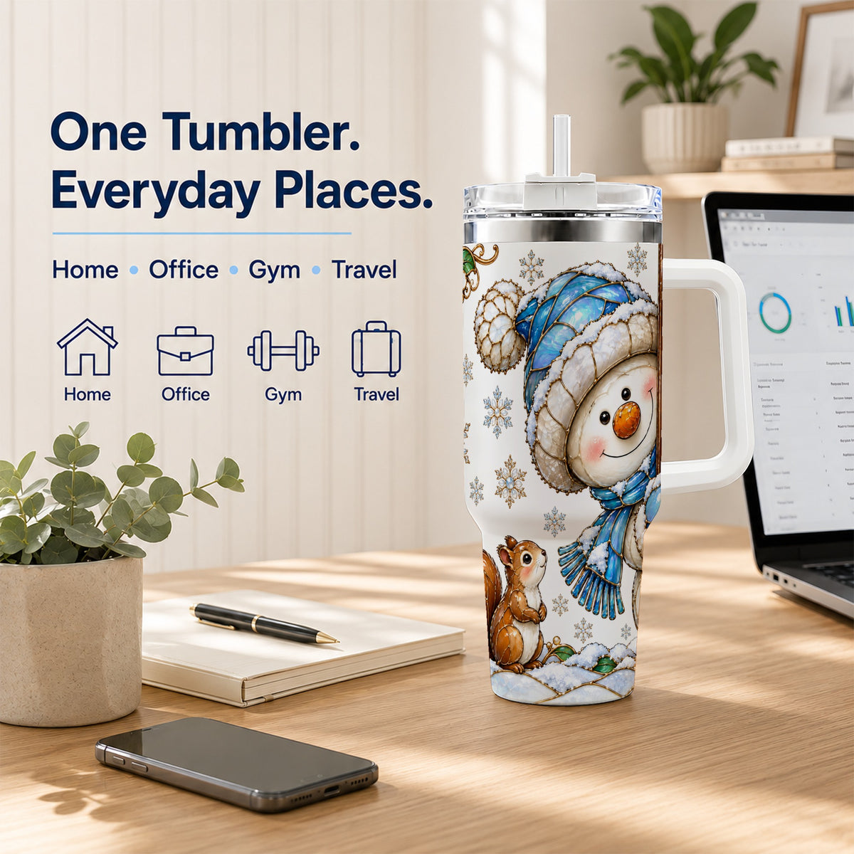 #pl[40oz|White] Snowman Squirrel 40oz Tumbler, Winter Woodland Stainless Steel Travel Cup