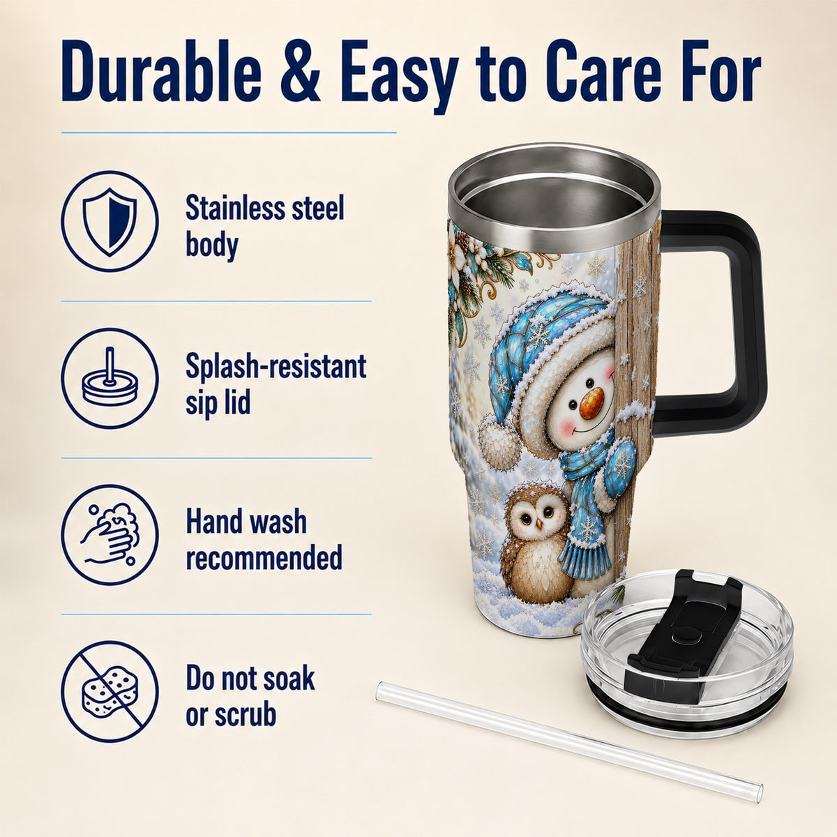 #pl[40oz|Black] Snowman Owl 40oz Tumbler, Winter Woodland Stainless Steel Travel Cup