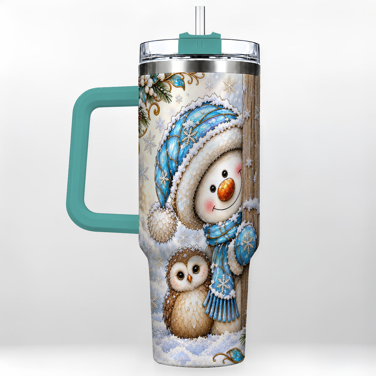 #pl[40oz|Green] Snowman Owl 40oz Tumbler, Winter Woodland Stainless Steel Travel Cup