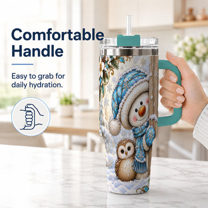 #pl[40oz|Green] Snowman Owl 40oz Tumbler, Winter Woodland Stainless Steel Travel Cup