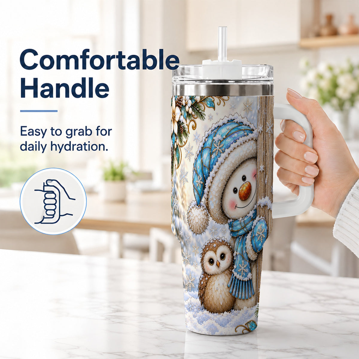 #pl[40oz|White] Snowman Owl 40oz Tumbler, Winter Woodland Stainless Steel Travel Cup