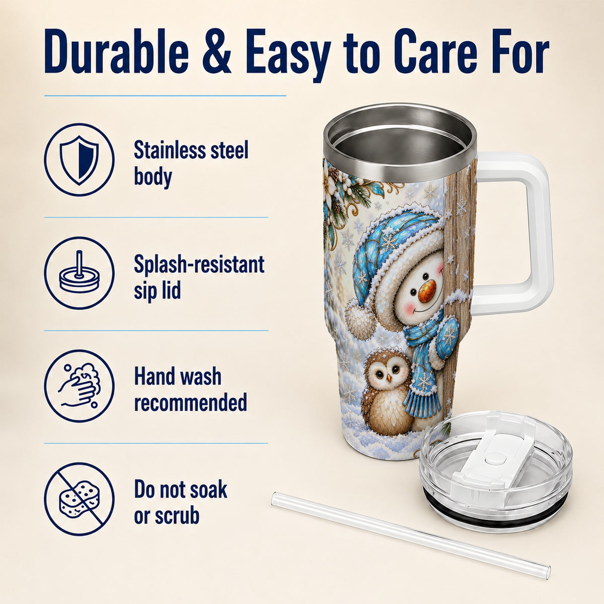#pl[40oz|White] Snowman Owl 40oz Tumbler, Winter Woodland Stainless Steel Travel Cup