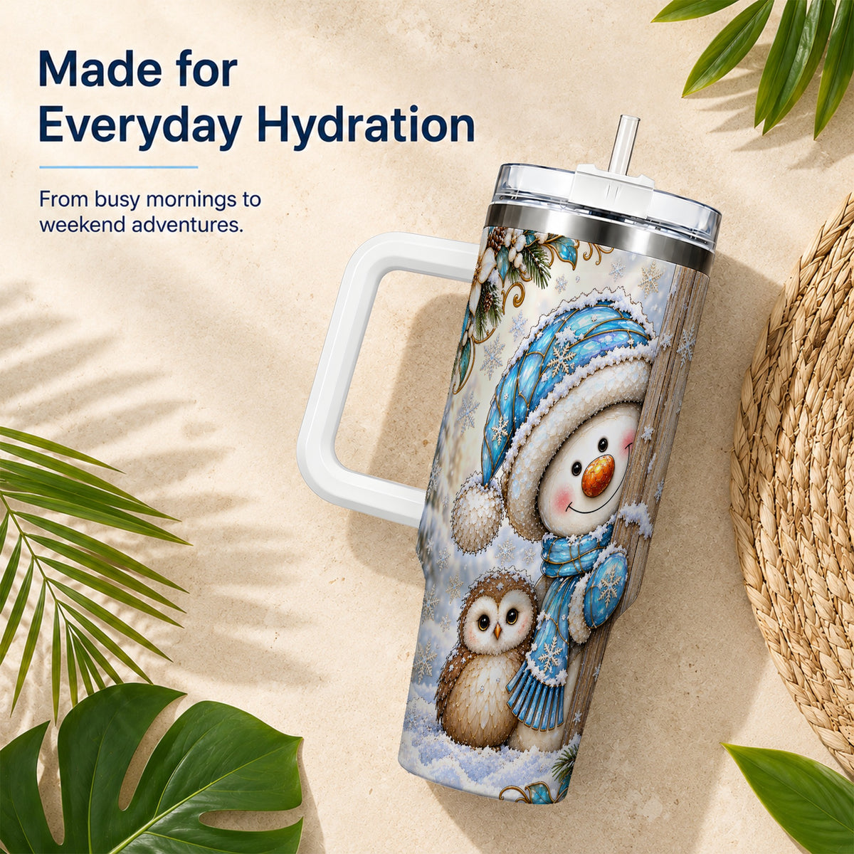 #pl[40oz|White] Snowman Owl 40oz Tumbler, Winter Woodland Stainless Steel Travel Cup