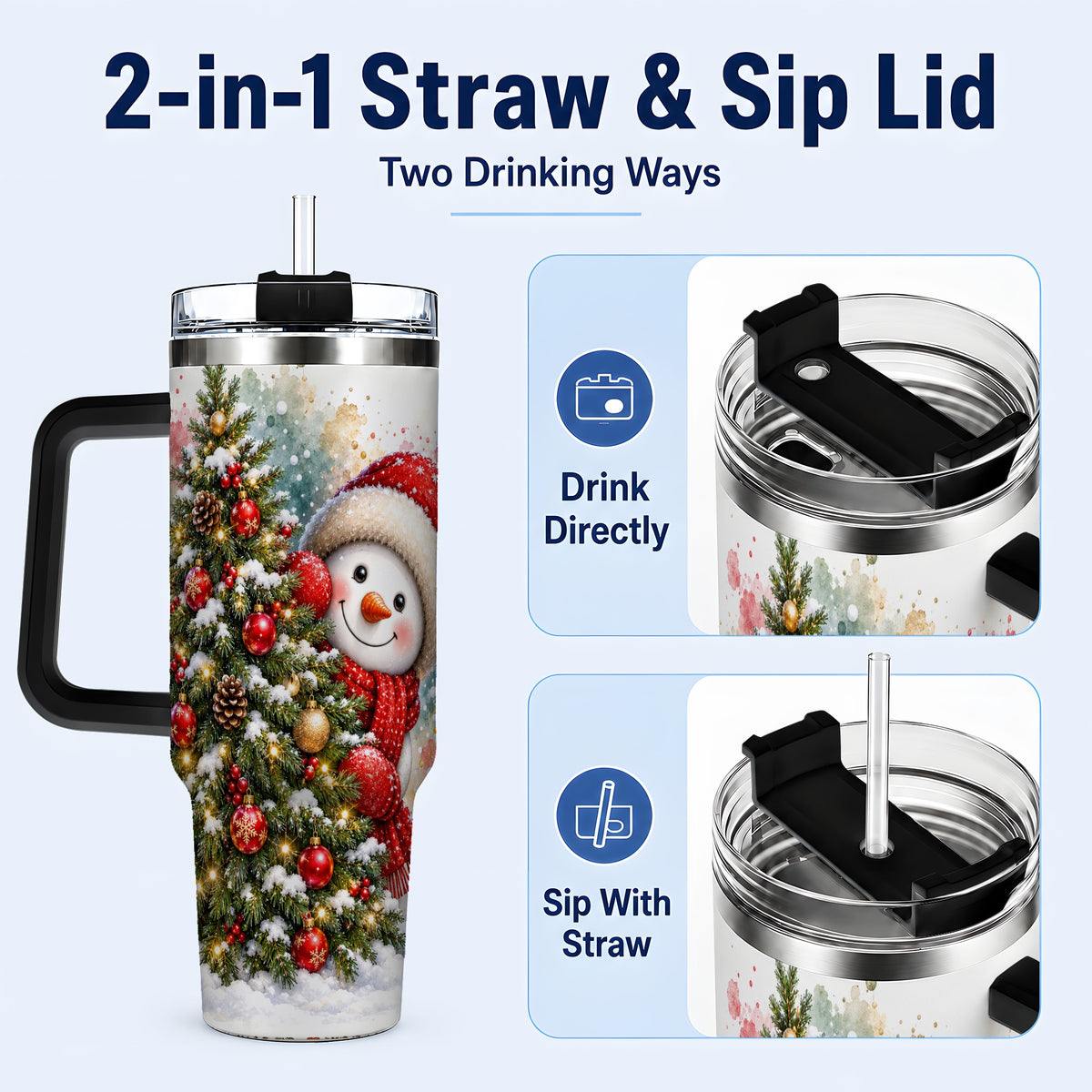 #pl[40oz|Black] Christmas Tree Snowman 40oz Tumbler with Handle, Holiday Travel Cup
