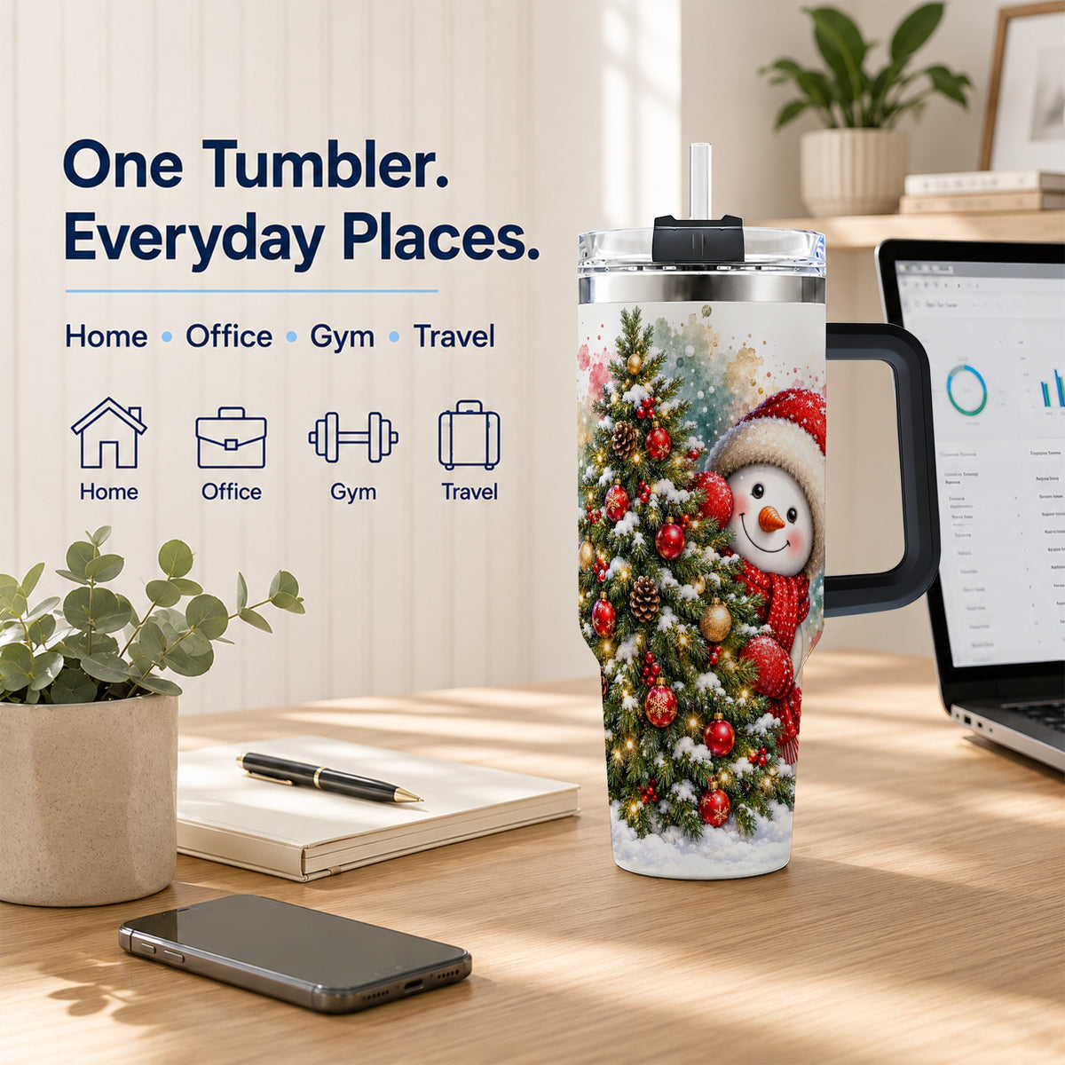 #pl[40oz|Black] Christmas Tree Snowman 40oz Tumbler with Handle, Holiday Travel Cup