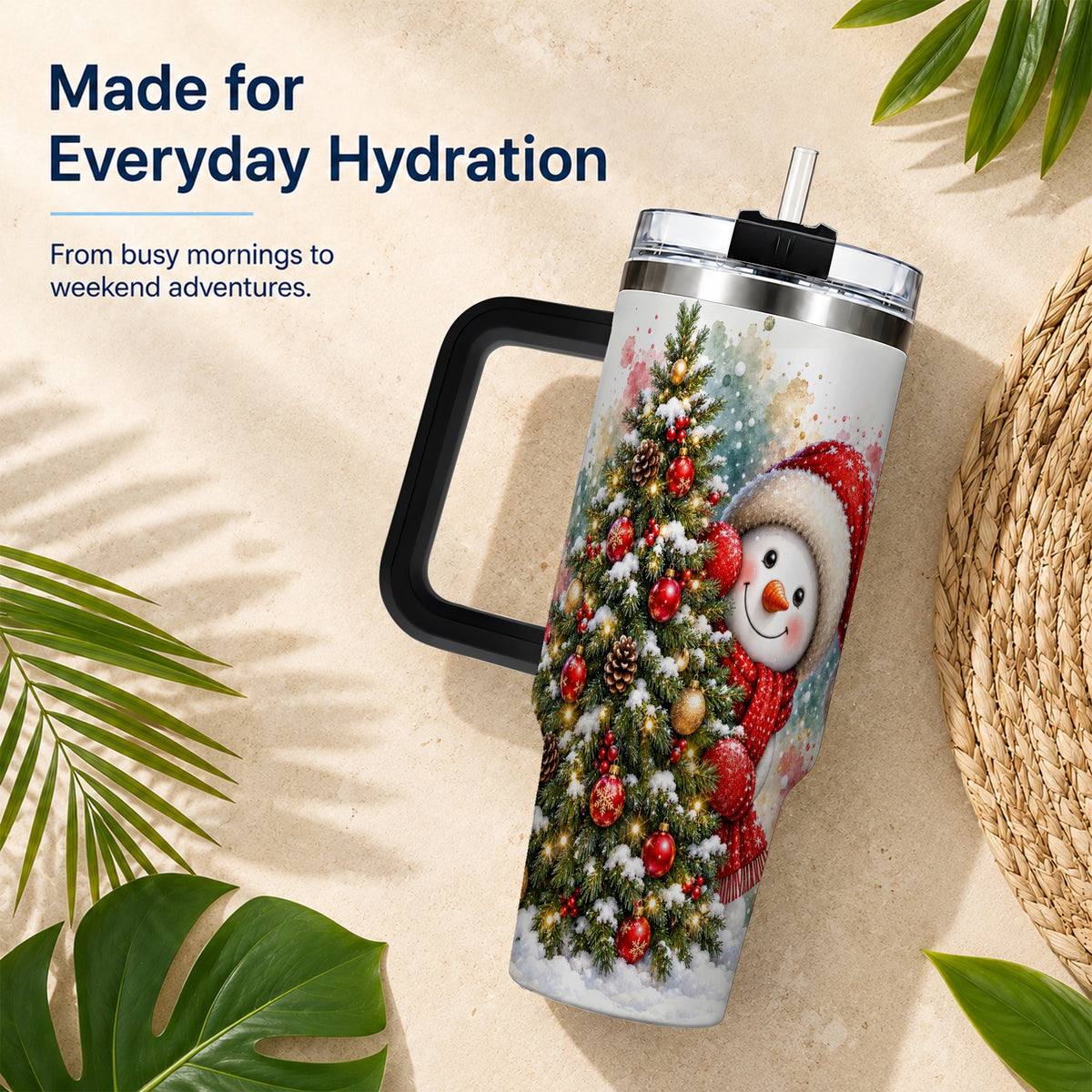 #pl[40oz|Black] Christmas Tree Snowman 40oz Tumbler with Handle, Holiday Travel Cup