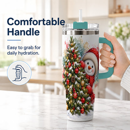 #pl[40oz|Green] Christmas Tree Snowman 40oz Tumbler with Handle, Holiday Travel Cup