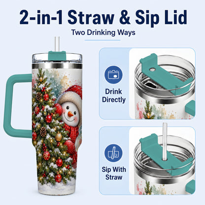 #pl[40oz|Green] Christmas Tree Snowman 40oz Tumbler with Handle, Holiday Travel Cup