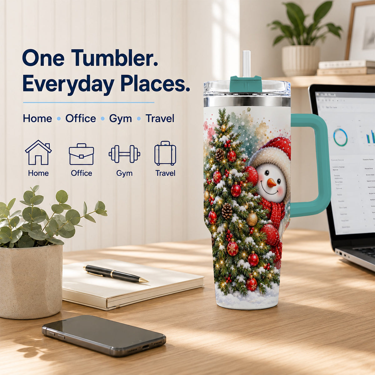 #pl[40oz|Green] Christmas Tree Snowman 40oz Tumbler with Handle, Holiday Travel Cup