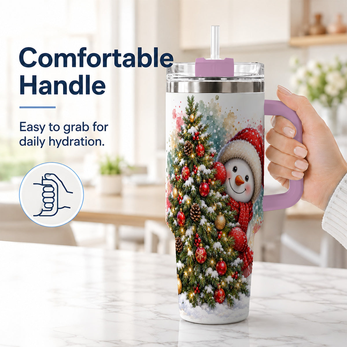 #pl[40oz|Pink] Christmas Tree Snowman 40oz Tumbler with Handle, Holiday Travel Cup