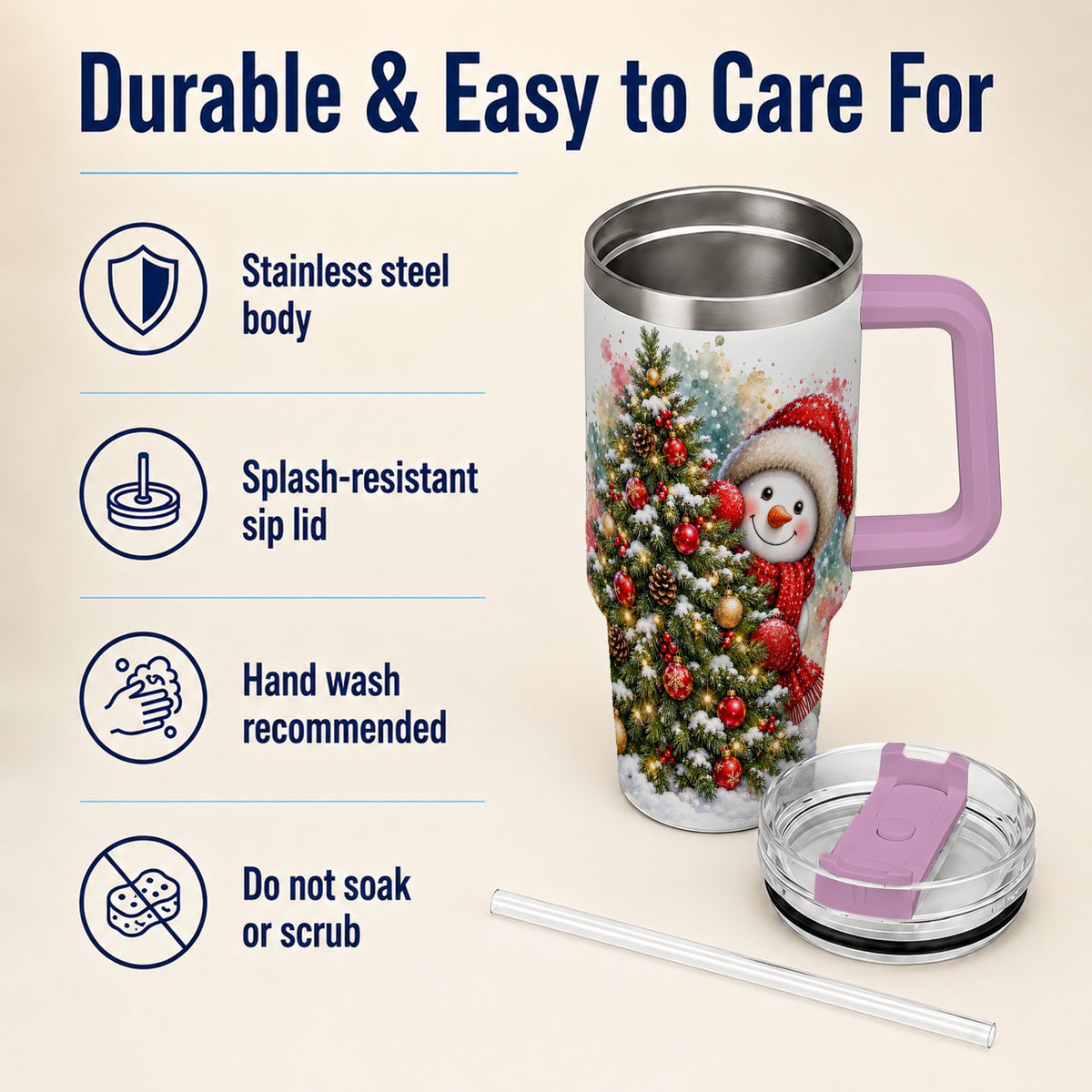 #pl[40oz|Pink] Christmas Tree Snowman 40oz Tumbler with Handle, Holiday Travel Cup