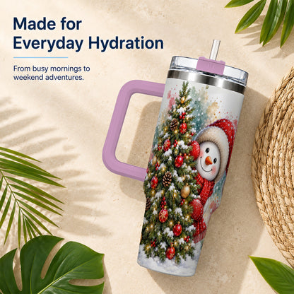 #pl[40oz|Pink] Christmas Tree Snowman 40oz Tumbler with Handle, Holiday Travel Cup