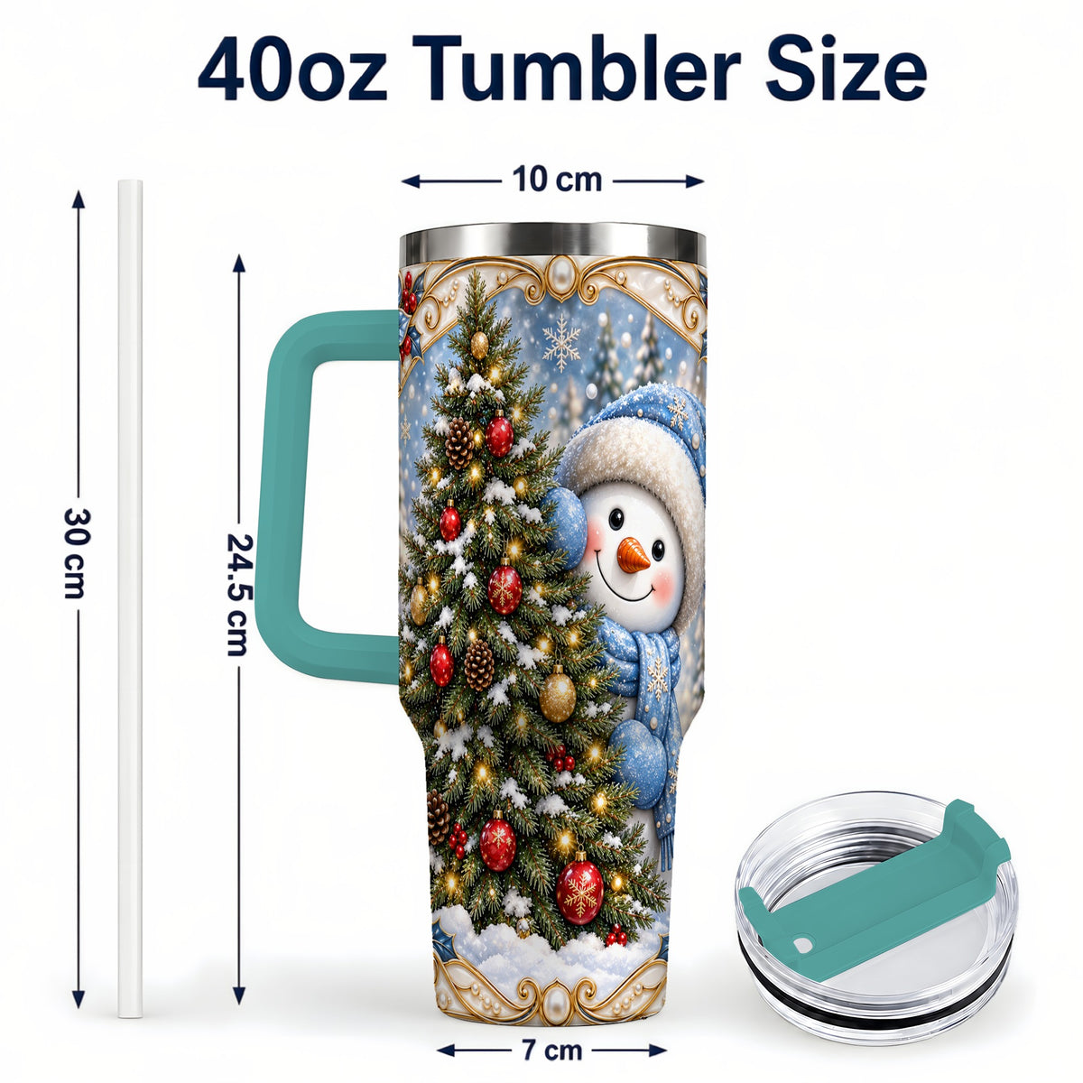 #pl[40oz|Green] Blue Winter Snowman 40oz Tumbler with Handle, Holiday Stainless Steel Cup