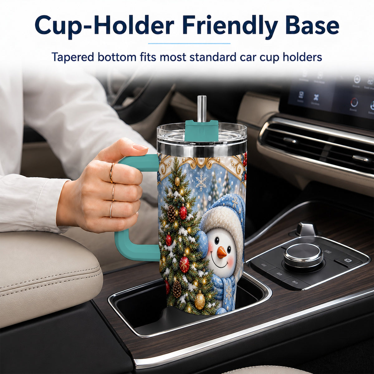 #pl[40oz|Green] Blue Winter Snowman 40oz Tumbler with Handle, Holiday Stainless Steel Cup