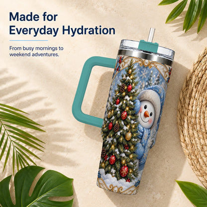 #pl[40oz|Green] Blue Winter Snowman 40oz Tumbler with Handle, Holiday Stainless Steel Cup