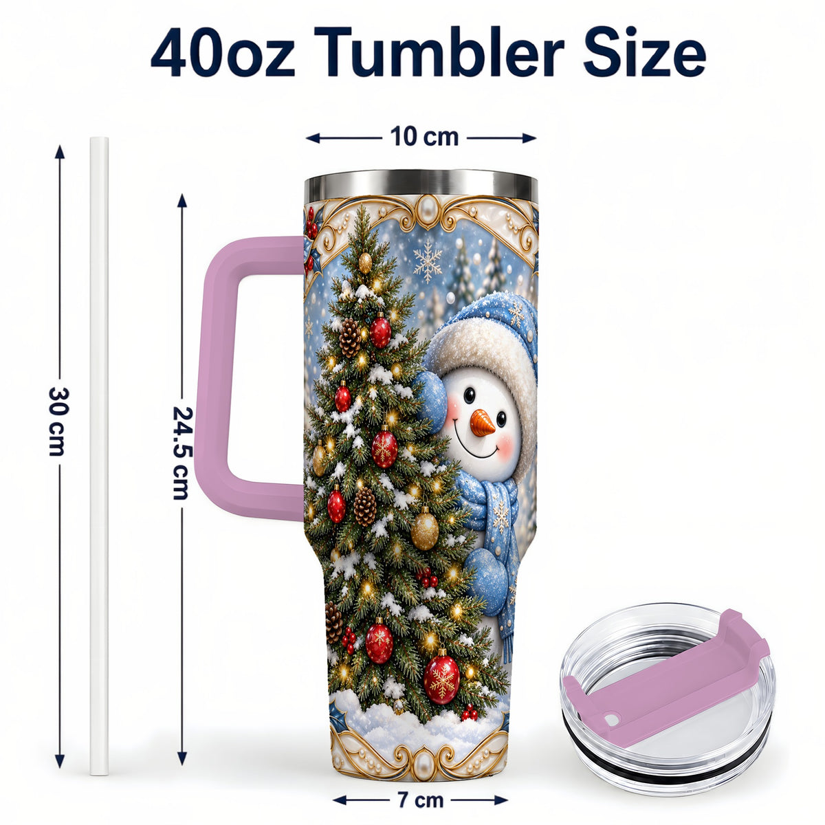 #pl[40oz|Pink] Blue Winter Snowman 40oz Tumbler with Handle, Holiday Stainless Steel Cup