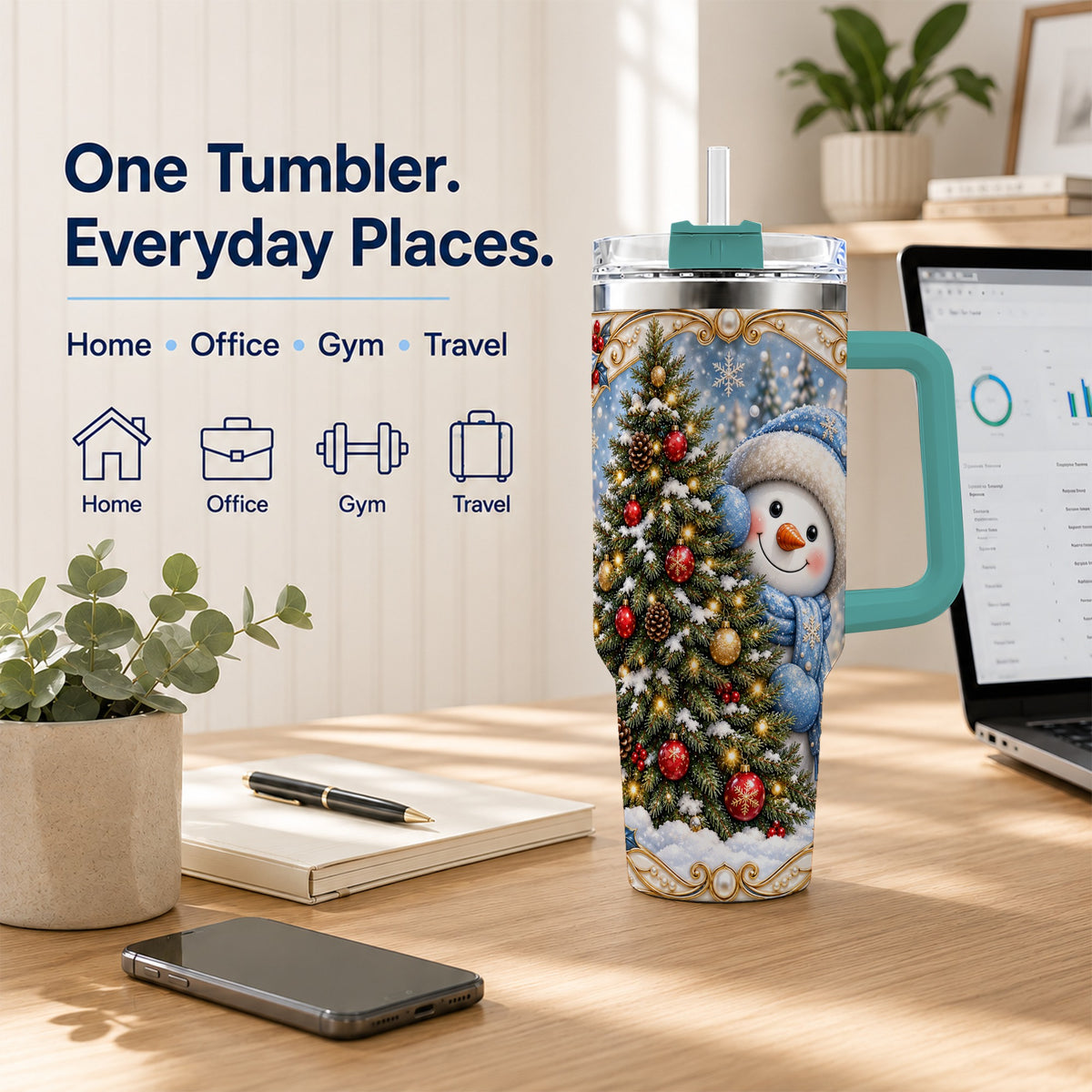 #pl[40oz|Green] Blue Winter Snowman 40oz Tumbler with Handle, Holiday Stainless Steel Cup