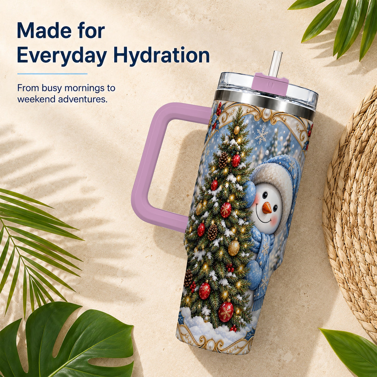 #pl[40oz|Pink] Blue Winter Snowman 40oz Tumbler with Handle, Holiday Stainless Steel Cup