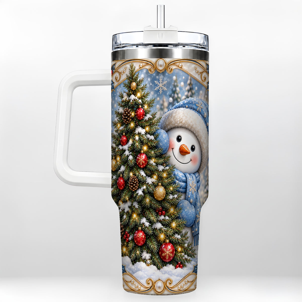 Blue Winter Snowman 40oz Tumbler with Handle, Holiday Stainless Steel Cup