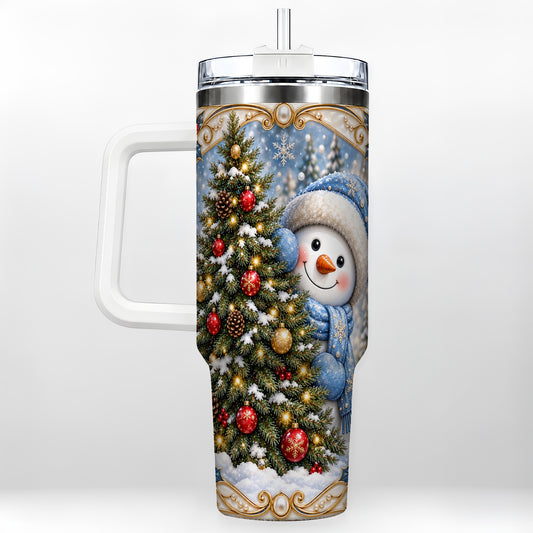 Blue Winter Snowman 40oz Tumbler with Handle, Holiday Stainless Steel Cup
