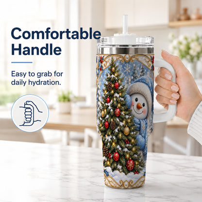 #pl[40oz|White] Blue Winter Snowman 40oz Tumbler with Handle, Holiday Stainless Steel Cup