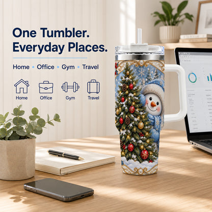 #pl[40oz|White] Blue Winter Snowman 40oz Tumbler with Handle, Holiday Stainless Steel Cup