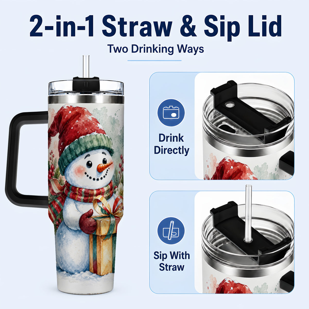 #pl[40oz|Black] Christmas Present Snowman 40oz Tumbler with Handle, Holiday Travel Cup