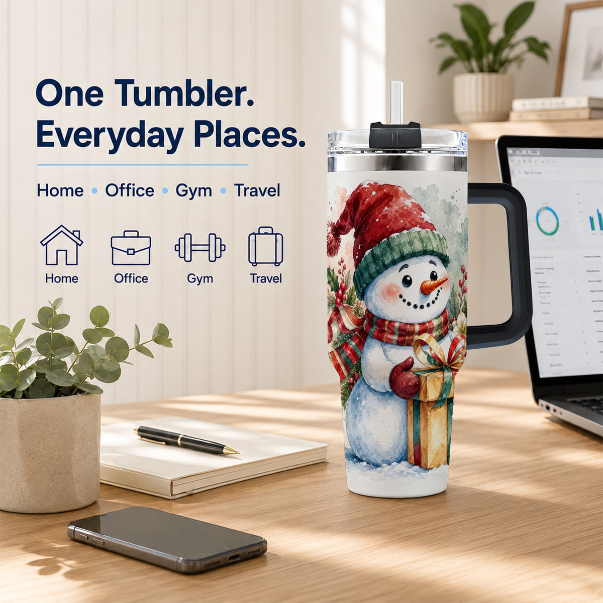 #pl[40oz|Black] Christmas Present Snowman 40oz Tumbler with Handle, Holiday Travel Cup