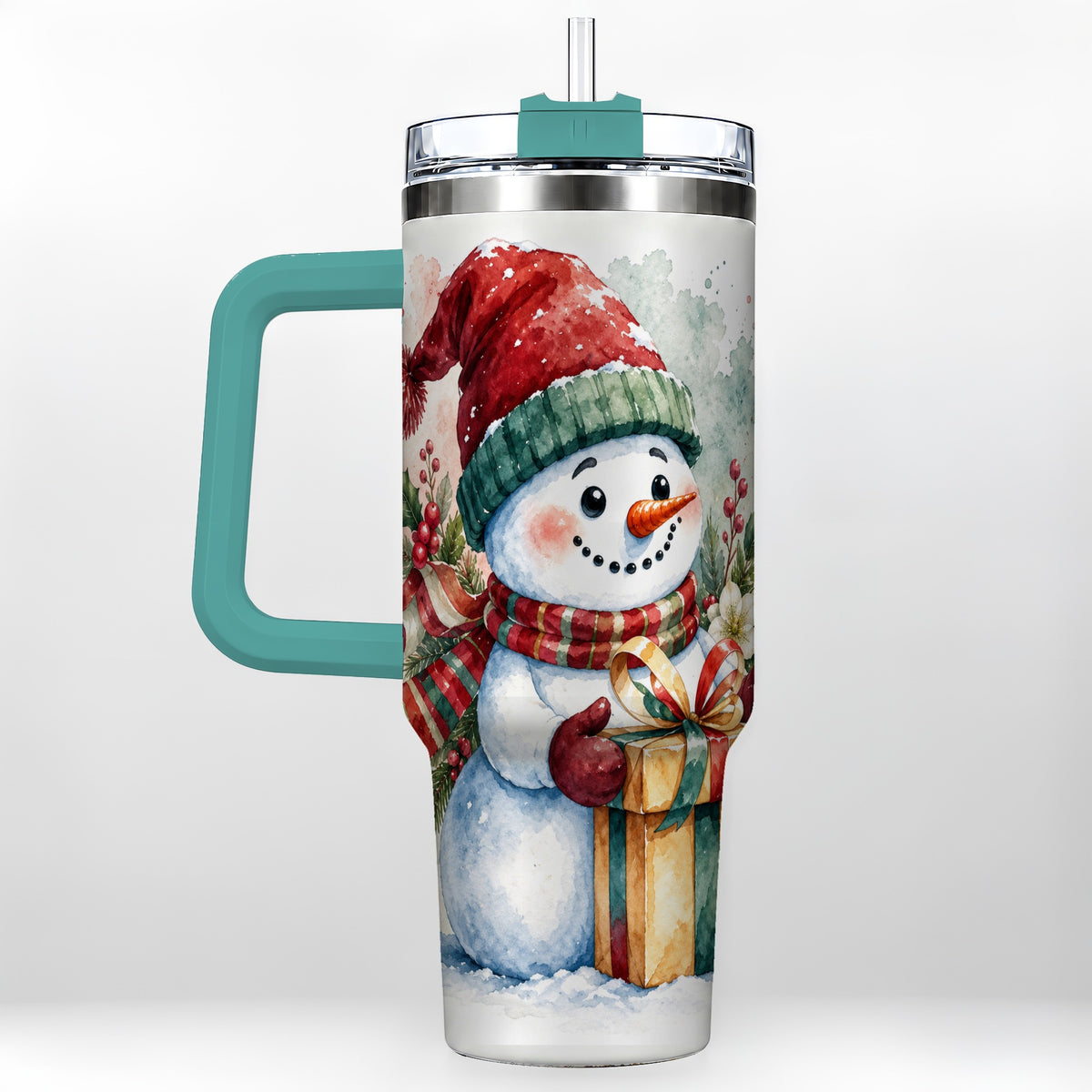 #pl[40oz|Green] Christmas Present Snowman 40oz Tumbler with Handle, Holiday Travel Cup