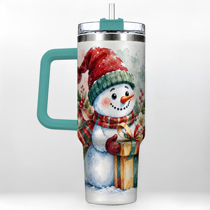 #pl[40oz|Green] Christmas Present Snowman 40oz Tumbler with Handle, Holiday Travel Cup