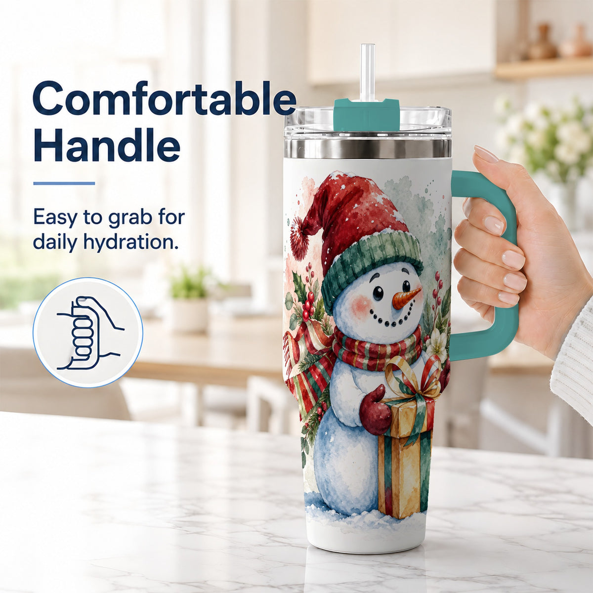 #pl[40oz|Green] Christmas Present Snowman 40oz Tumbler with Handle, Holiday Travel Cup