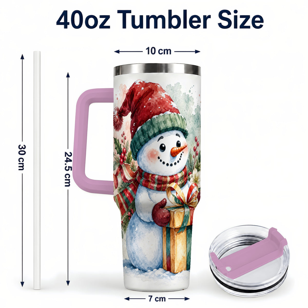 #pl[40oz|Pink] Christmas Present Snowman 40oz Tumbler with Handle, Holiday Travel Cup