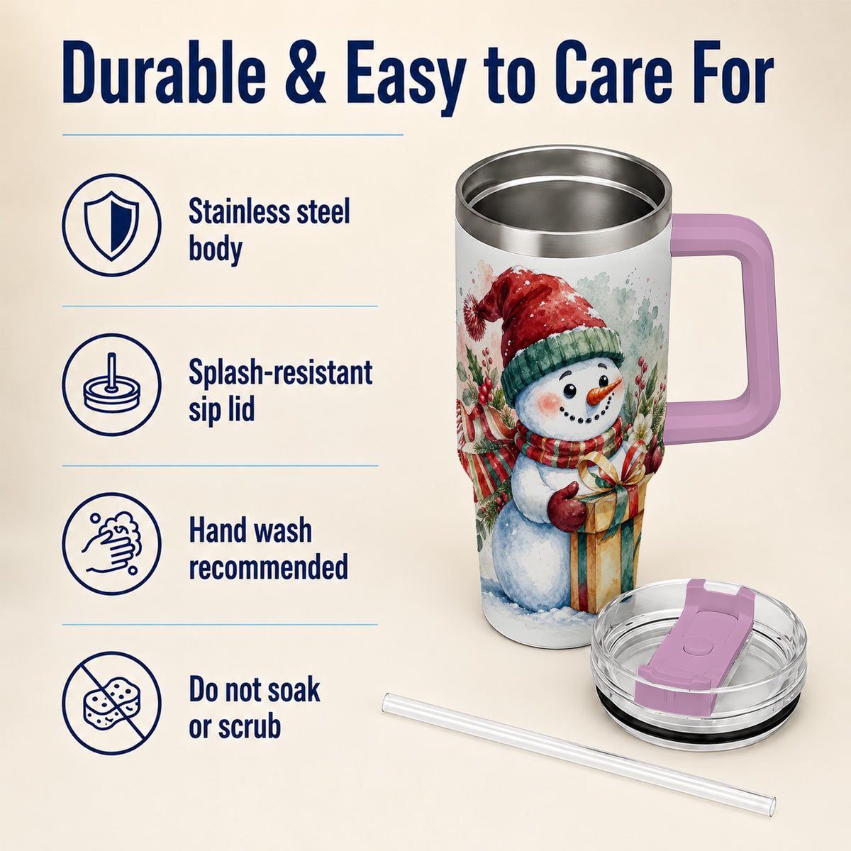 #pl[40oz|Pink] Christmas Present Snowman 40oz Tumbler with Handle, Holiday Travel Cup